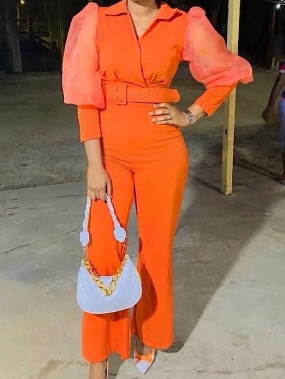 Orange Puff-Sleeve Belted Jumpsuit